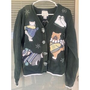 Vtg 1999 Cat Cardigan Christopher & Banks  cardigan sweater women's M Green